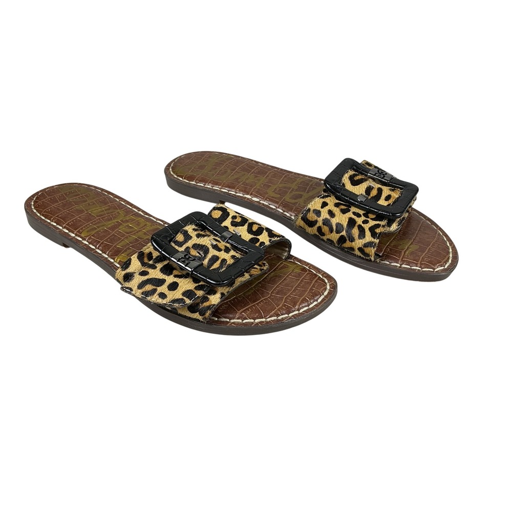 Sam Edelman Bay Leopard Calf Hair Slide Sandals Brown Black Buckle Flat Shoe 6.5